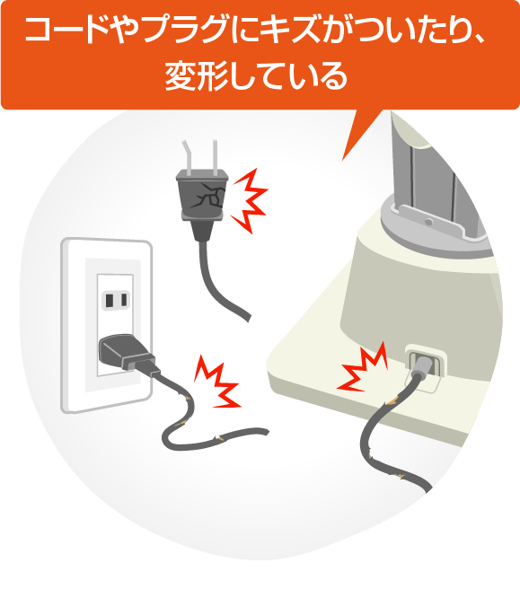 コードやプラグにキズがついたり、変形している