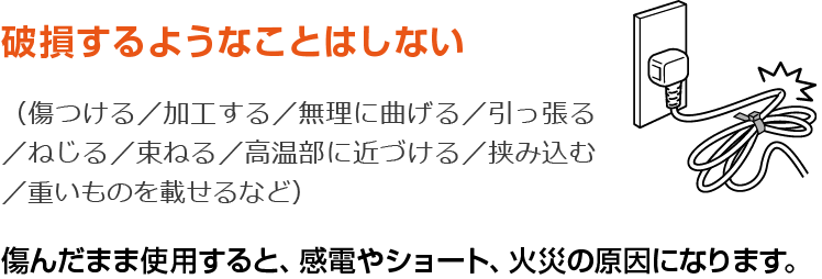破損するようなことはしない。傷んだまま使用すると、感電やショート、火災の原因になります。