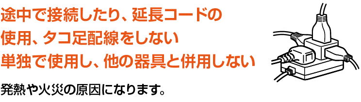途中で接続したり、延長コードの使用、タコ足配線をしない。単独で使用し、他の器具と併用しない。発熱や火災の原因になります。