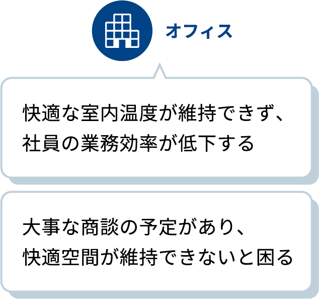 オフィス／快適な室内温度が維持できず、社員の業務効率が低下する／大事な商談の予定があり、快適空間が維持できないと困る
